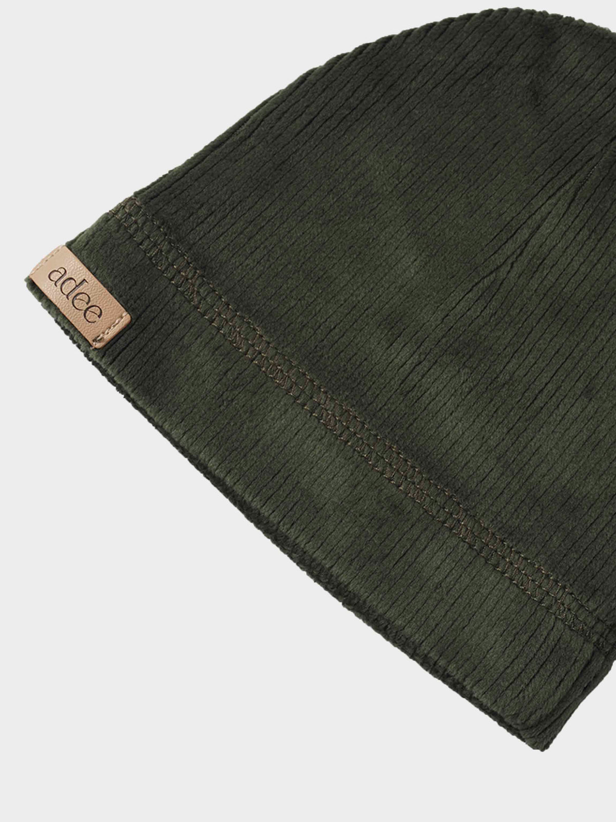 Embroidered Car Beanie in olive green plush ribbed velour for baby boys, with tan leather label and stitching