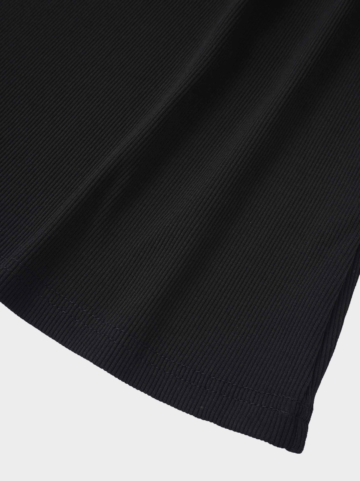 Ruffle V Robe - Black: black ribbed maxi dress with V-front ruffle and gathered waist.