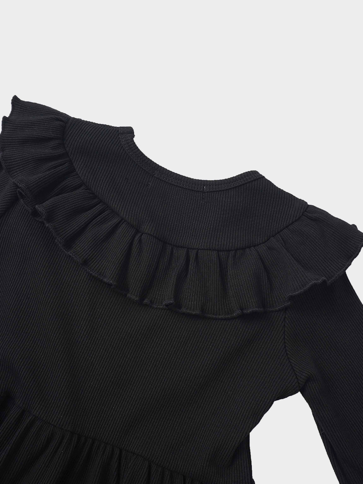 Ruffle V Robe in black with ribbed fabric and V-front ruffle neckline.