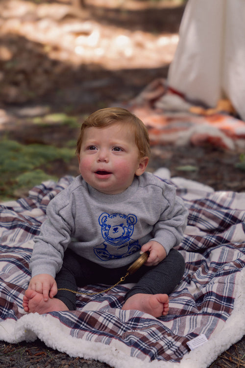 Baby in grey Teddy Bear Sweatshirt with blue embroidered bear, seated on a plaid blanket outdoors.