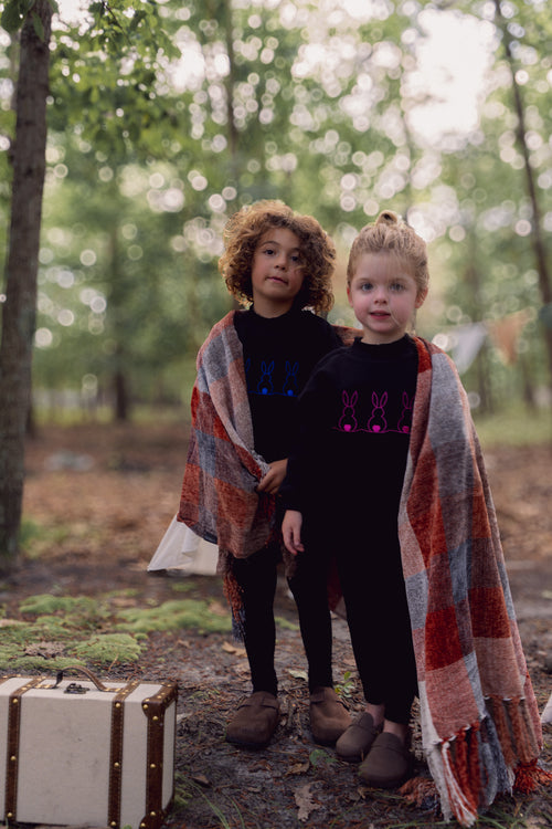 Embroidered Bunny Sweatshirt - Pink; Adee girls top, two kids wearing black sweatshirts with bunny embroidery outdoors