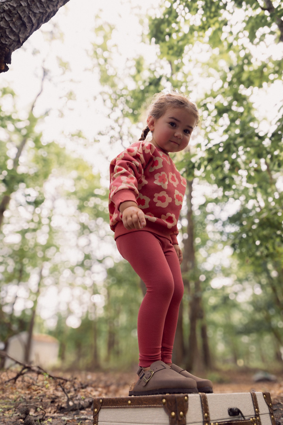 Red Flower Sweatshirt for girls by Adee, pink-red floral print worn outdoors