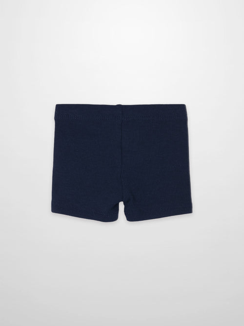 Biker shorts thin ribbed navy by Adee; unisex bottoms.