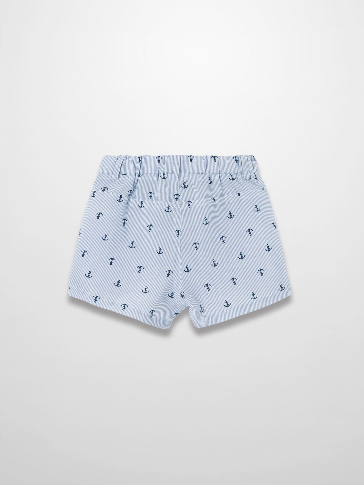 Anchor Shorts for kids with light blue stripes and navy anchor print, elastic waistband.
