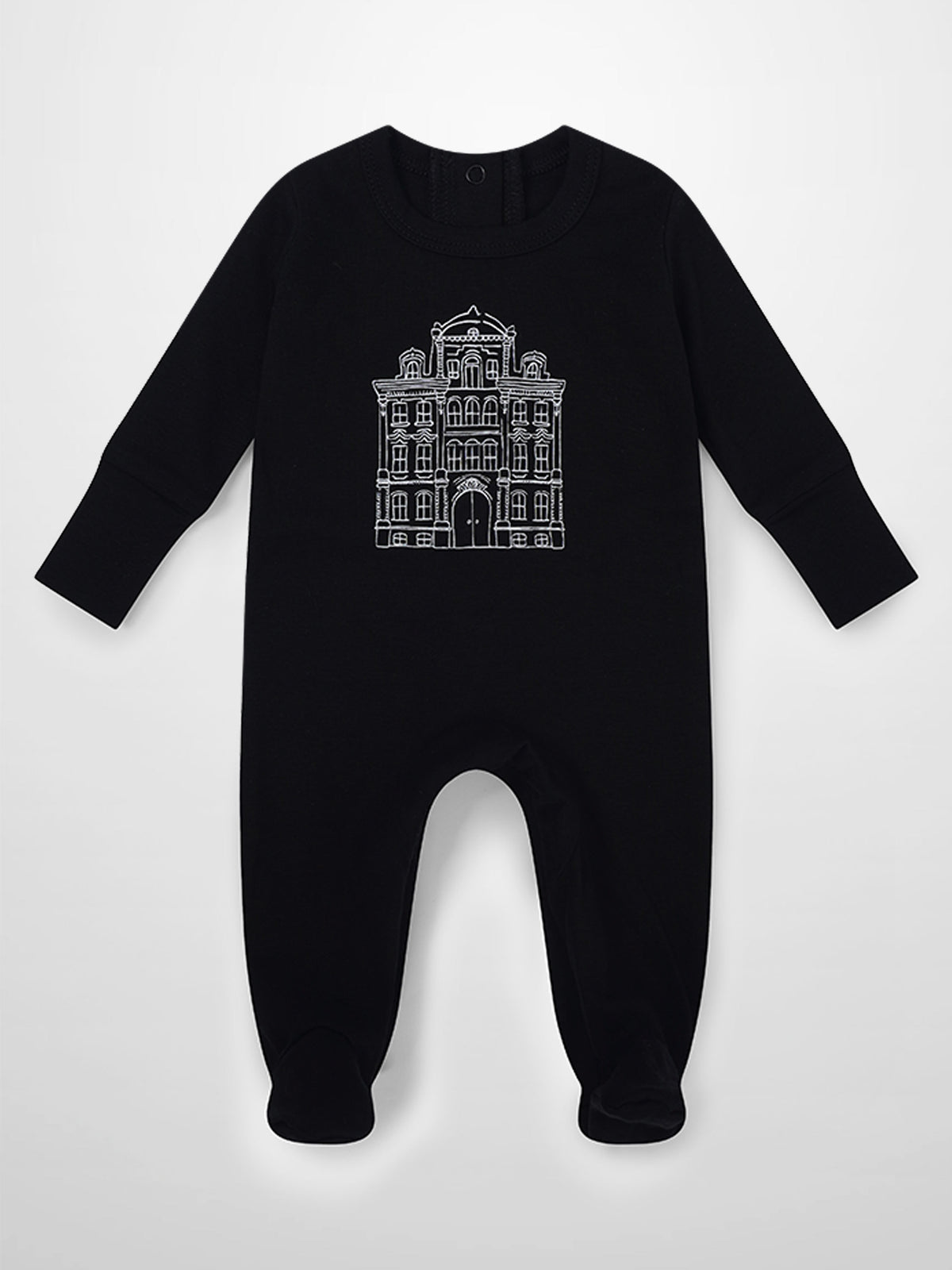 City Stretchy Black unisex jumpsuit footie with white building embroidery Adee