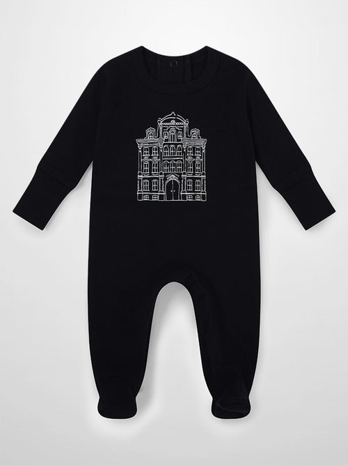 City Stretchy Black unisex jumpsuit footie with white building embroidery Adee