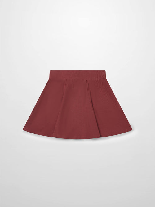 Rust-colored 6-panel corduroy A-line skirt.