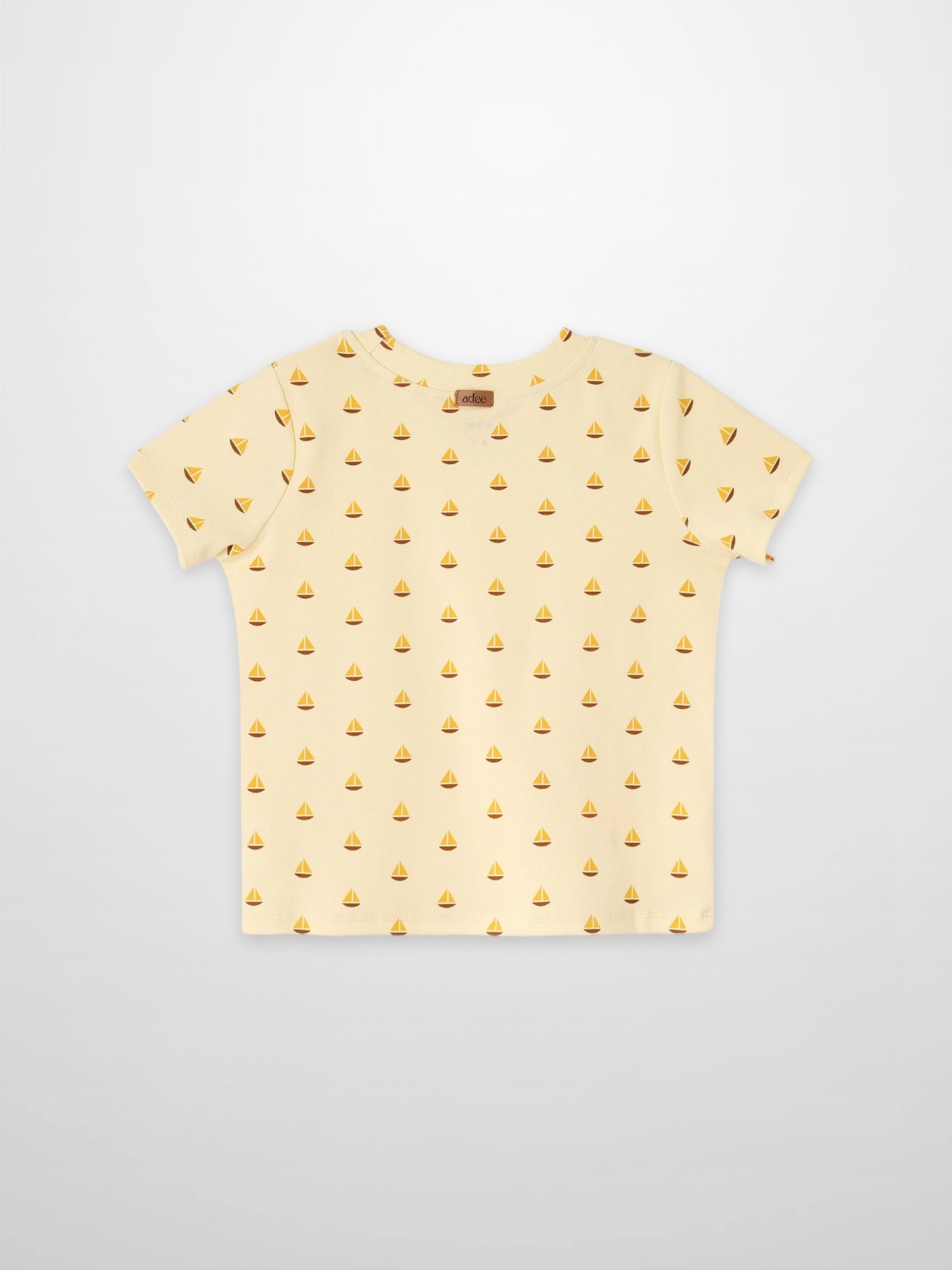 Boat Print T-Shirt for boys by Adee in pale yellow with sailboat motifs.
