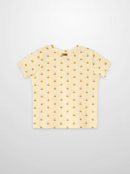 Boat Print T-Shirt for boys by Adee in pale yellow with sailboat motifs.