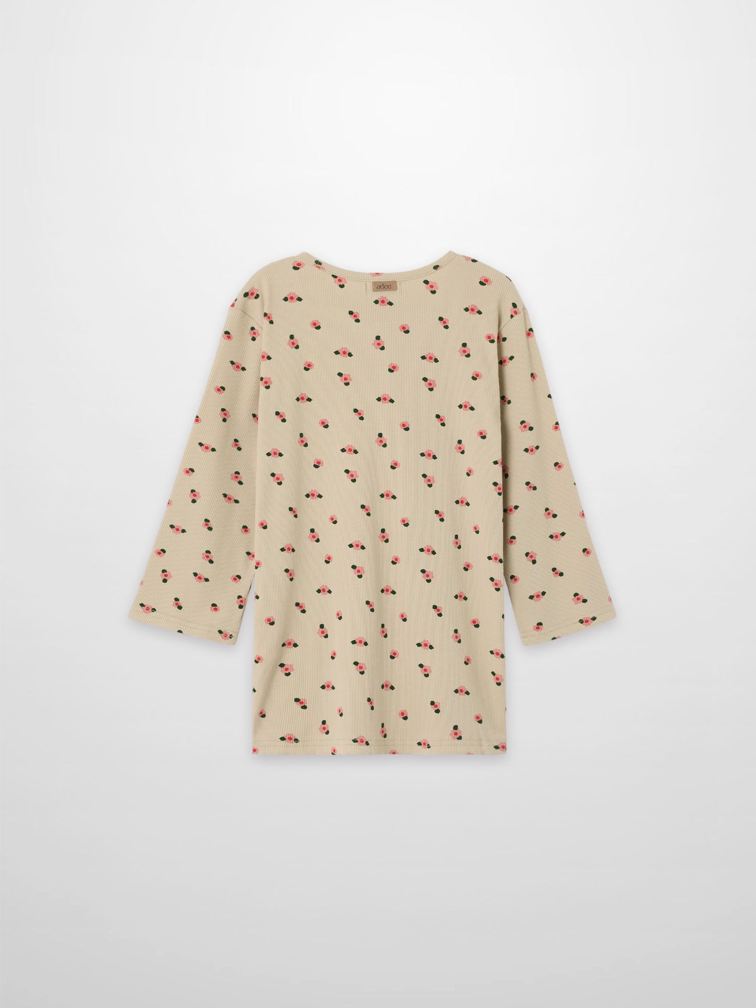 Tan Floral T-shirt for girls; Adee 3/4-sleeve top in beige with small red flowers