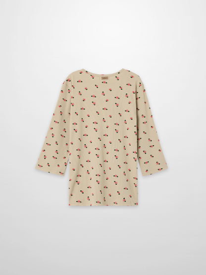Tan Floral T-shirt for girls; Adee 3/4-sleeve top in beige with small red flowers