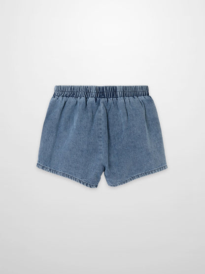 Blue denim boxy shorts for boys with an elastic waistband.
