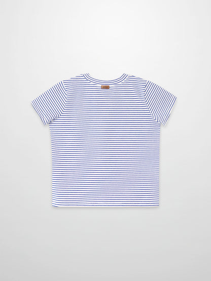 Blue striped boxy T-shirt for boys by Adee; short sleeves.