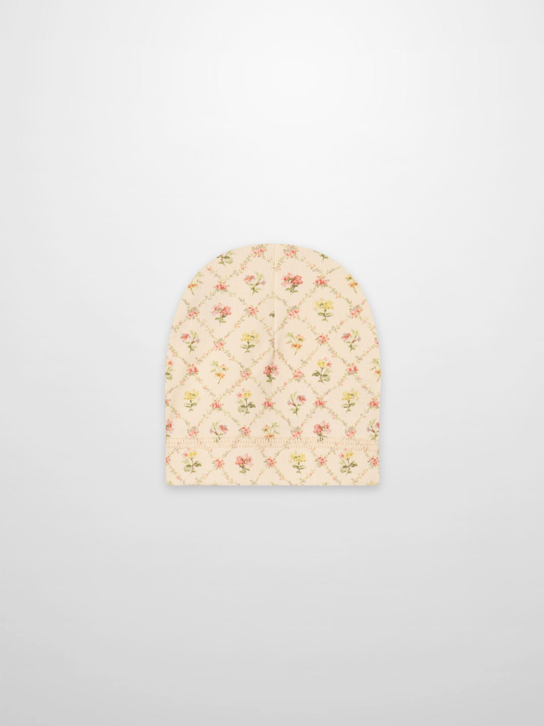 Flower Garden hat for baby girls; off-white fabric with pink/yellow floral lattice pattern