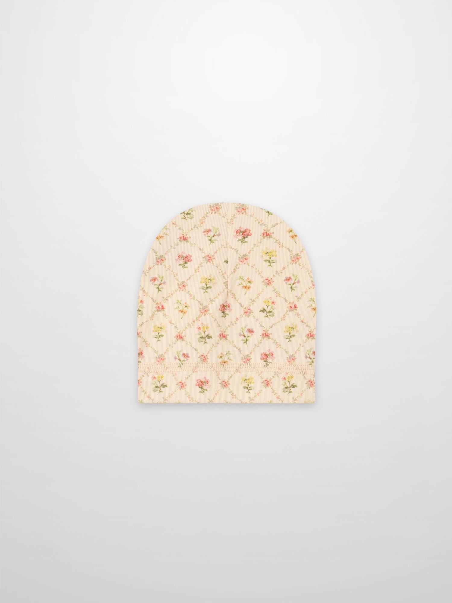 Flower Garden hat for baby girls; off-white fabric with pink/yellow floral lattice pattern