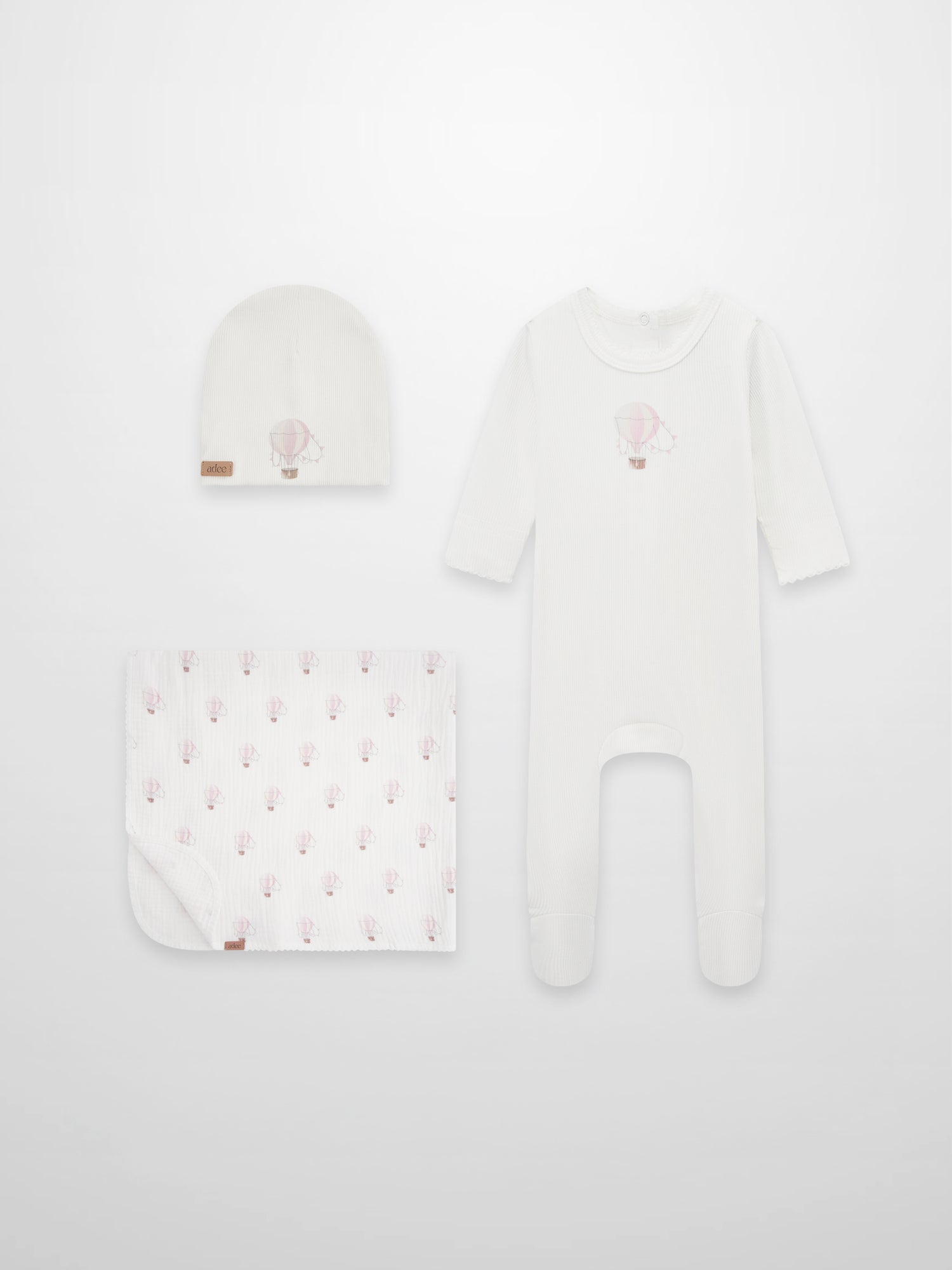 Pink Balloon three-piece layette set for girls by Adee, white gown with pink balloon motif and matching hat and blanket