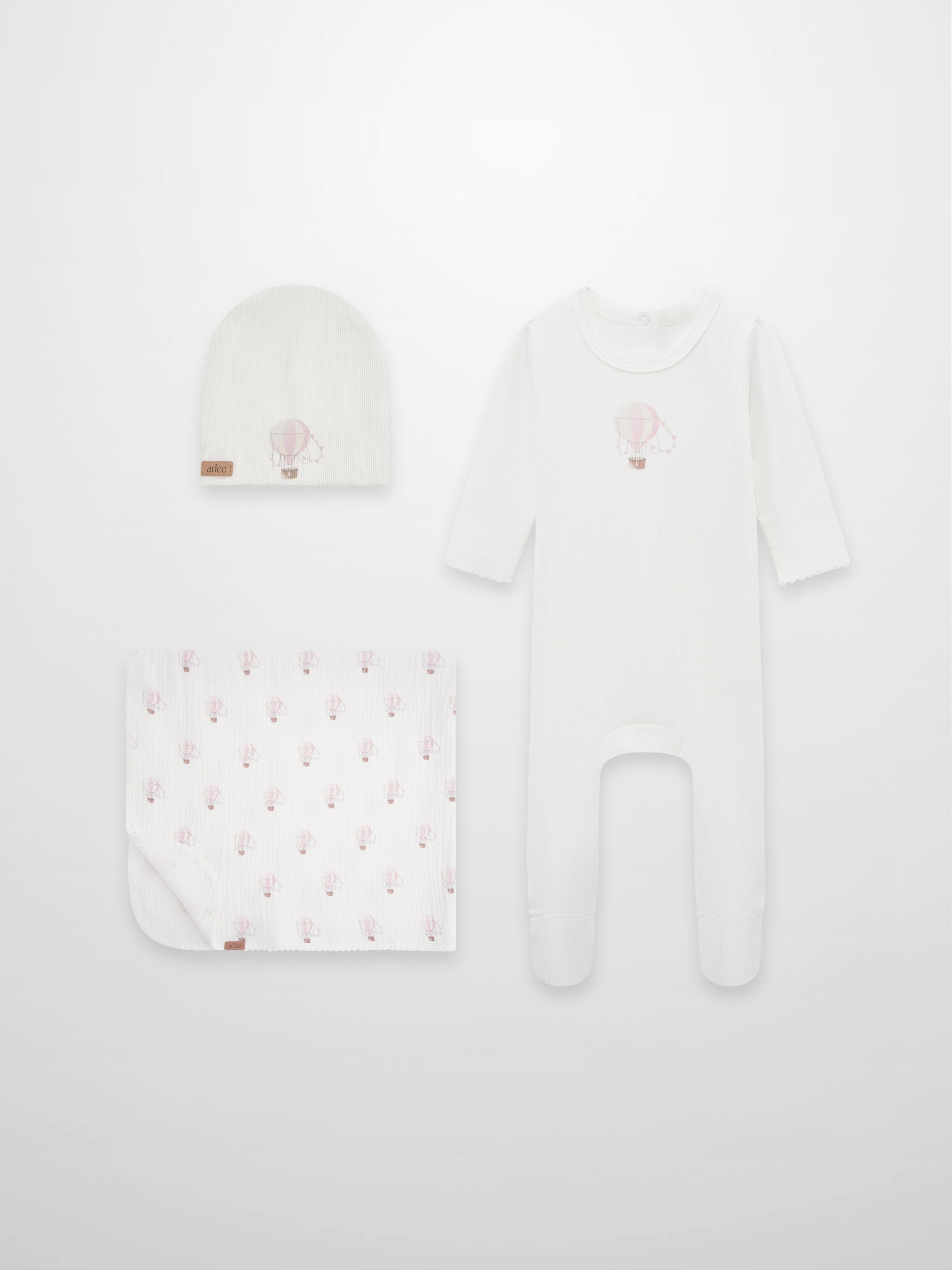 Pink Balloon three-piece layette set for girls by Adee, white gown with pink balloon motif and matching hat and blanket