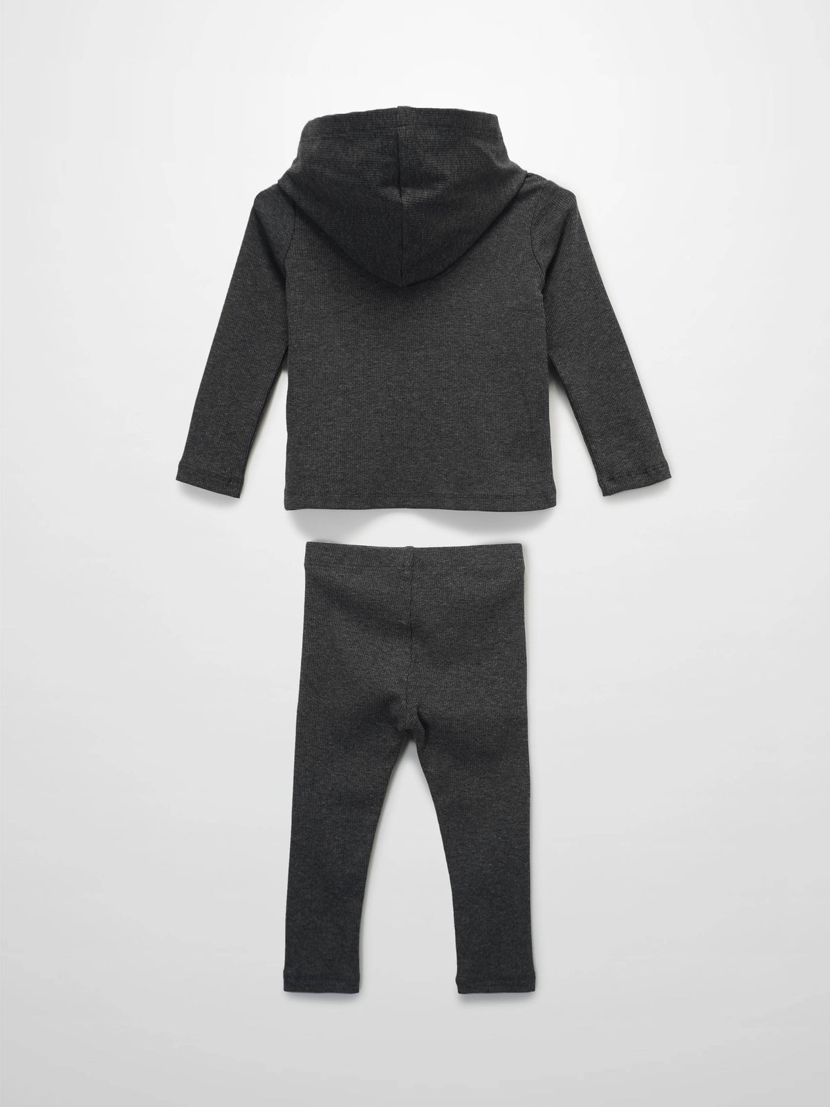 Grey ribbed hoodie and leggings two-piece set for babies and toddlers.