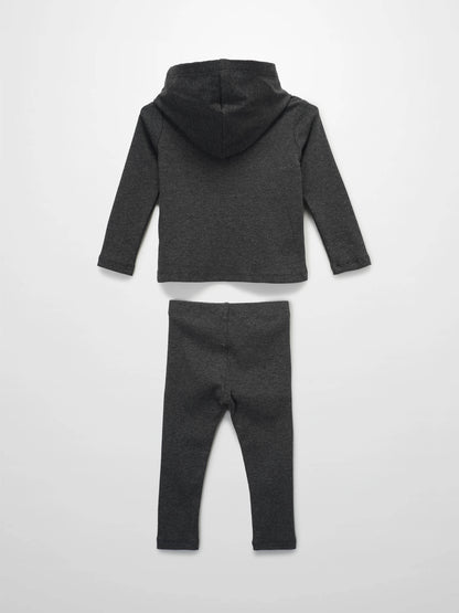 Ribbed Leggings Set with Hood - Grey