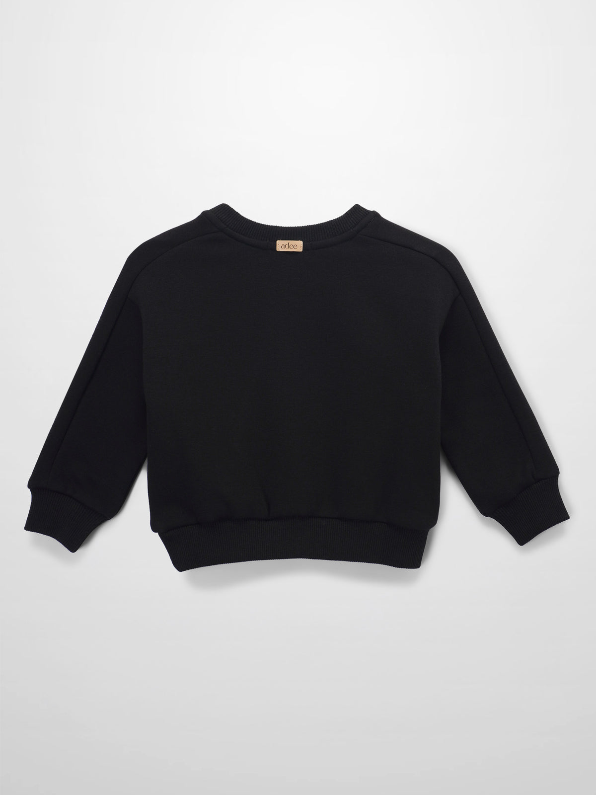 Black Skyline Sweatshirt for kids with ribbed cuffs and hem, crew neck, laid flat.