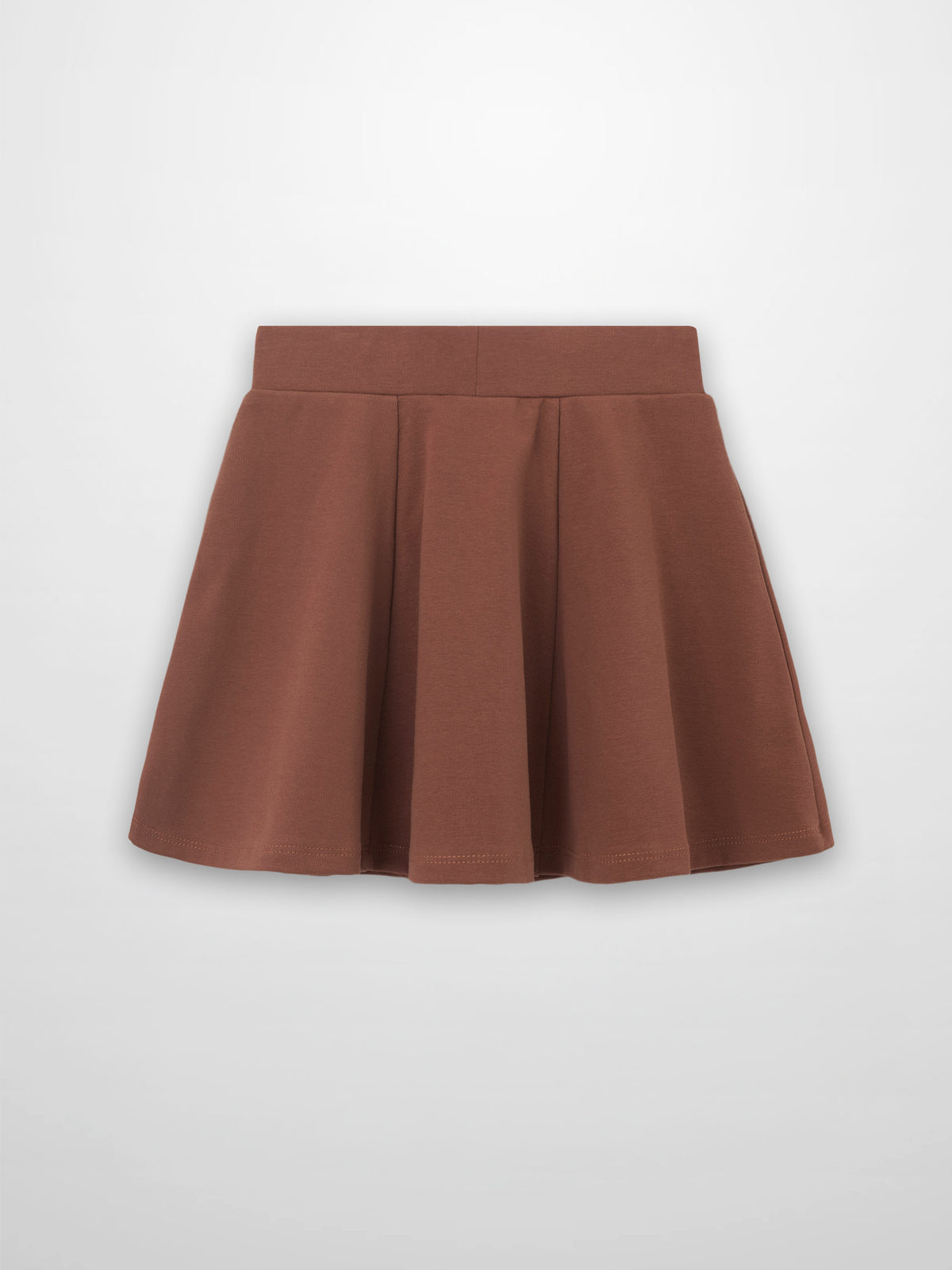 Dark mauve 6-panel skirt with a wide waistband and A-line silhouette.