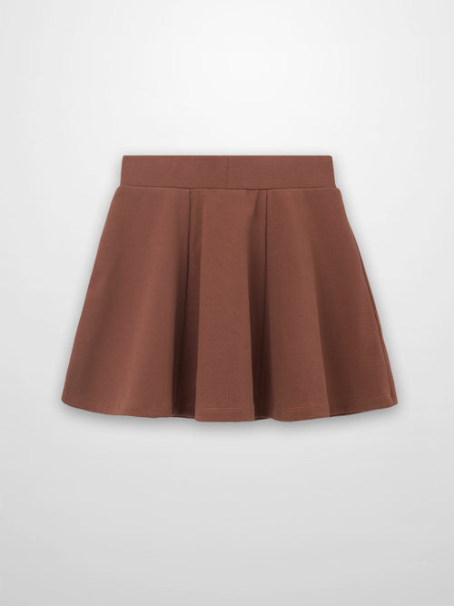 Dark mauve 6-panel skirt with a wide waistband and A-line silhouette.