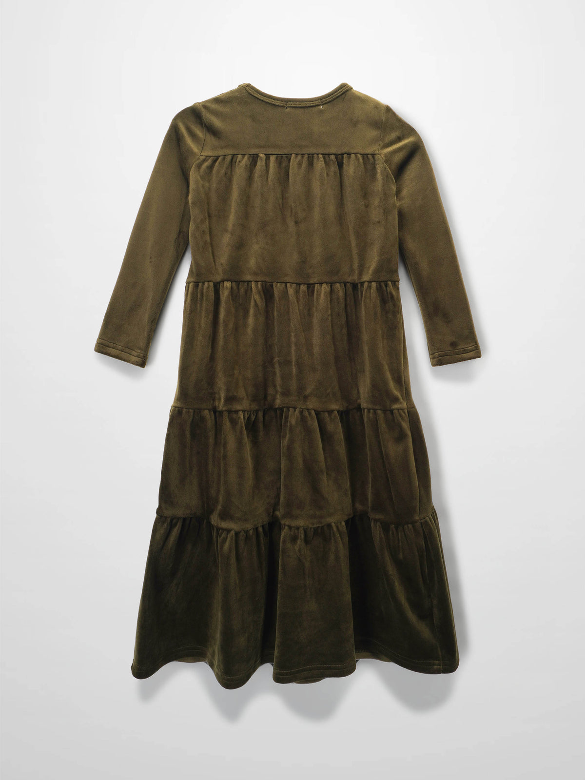 Hunter Green velour maxi dress for girls with tiered skirt and long sleeves.