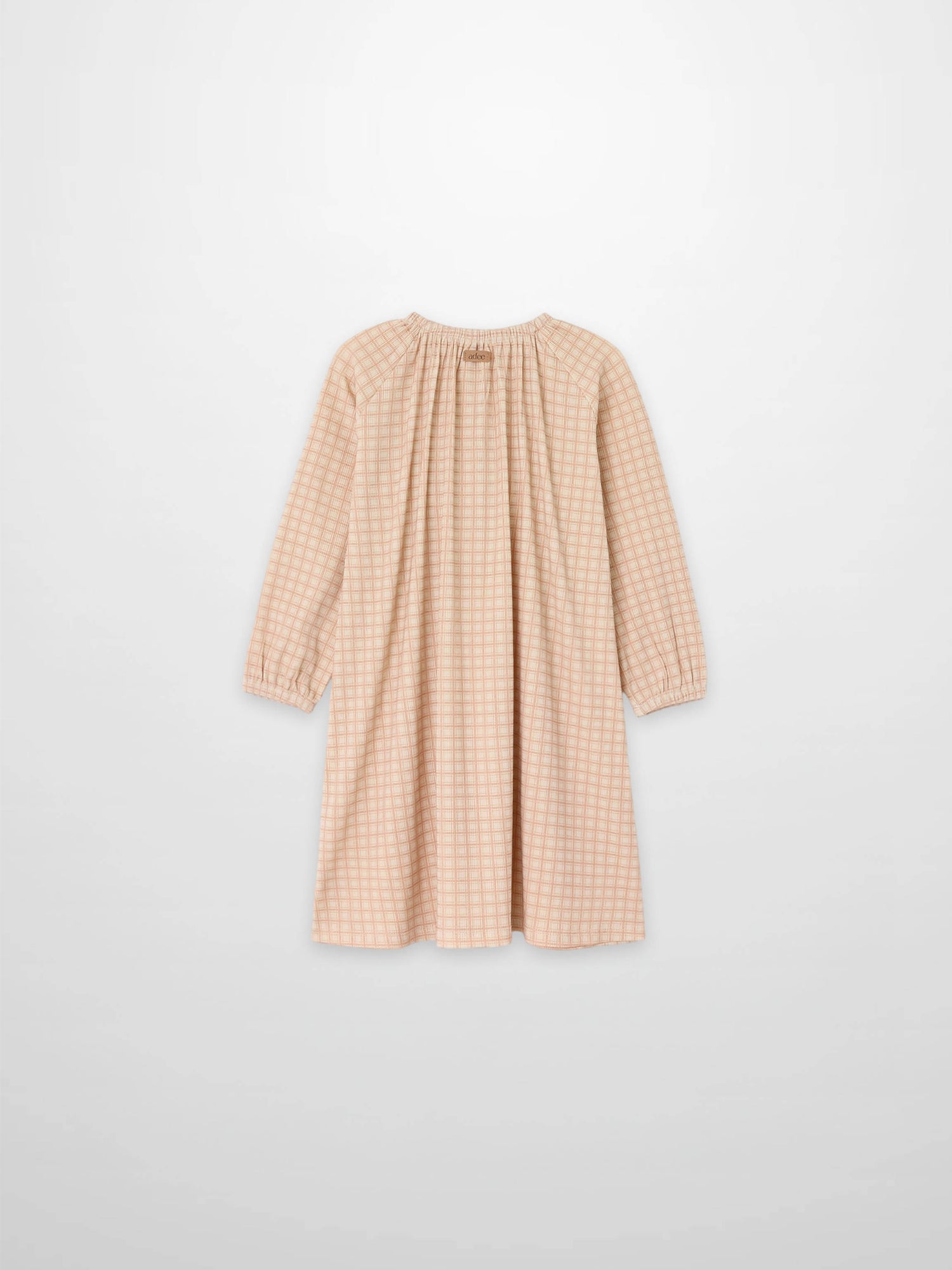 Pink squared nightgown for girls by Adee, pink checkered long-sleeve pajama dress.