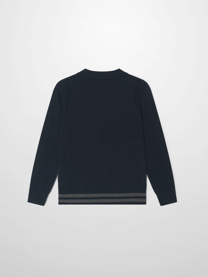 Knit sweater navy; boys dressy top by Adee with ribbed cuffs and striped hem.