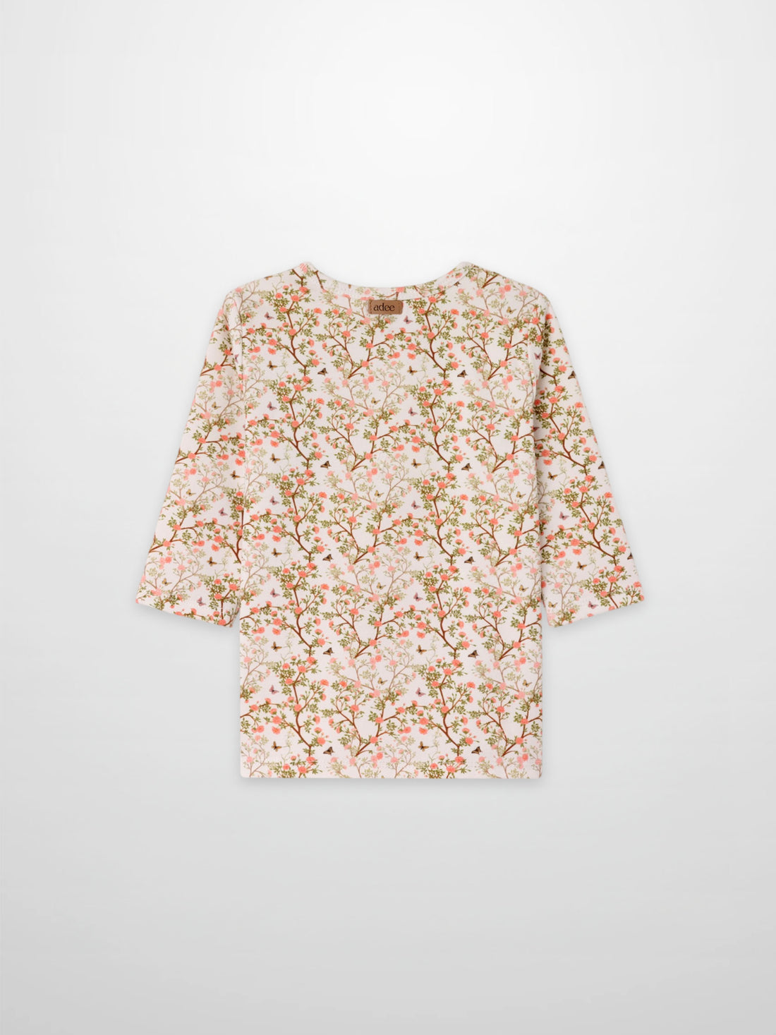 Adee Spring Floral 3/4 Sleeve Girls T-shirt, cream base with pink floral print.