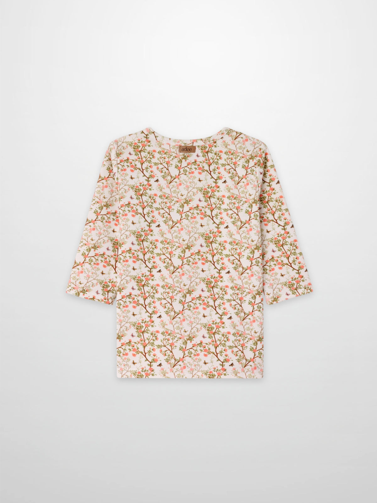 Adee Spring Floral 3/4 Sleeve Girls T-shirt, cream base with pink floral print.