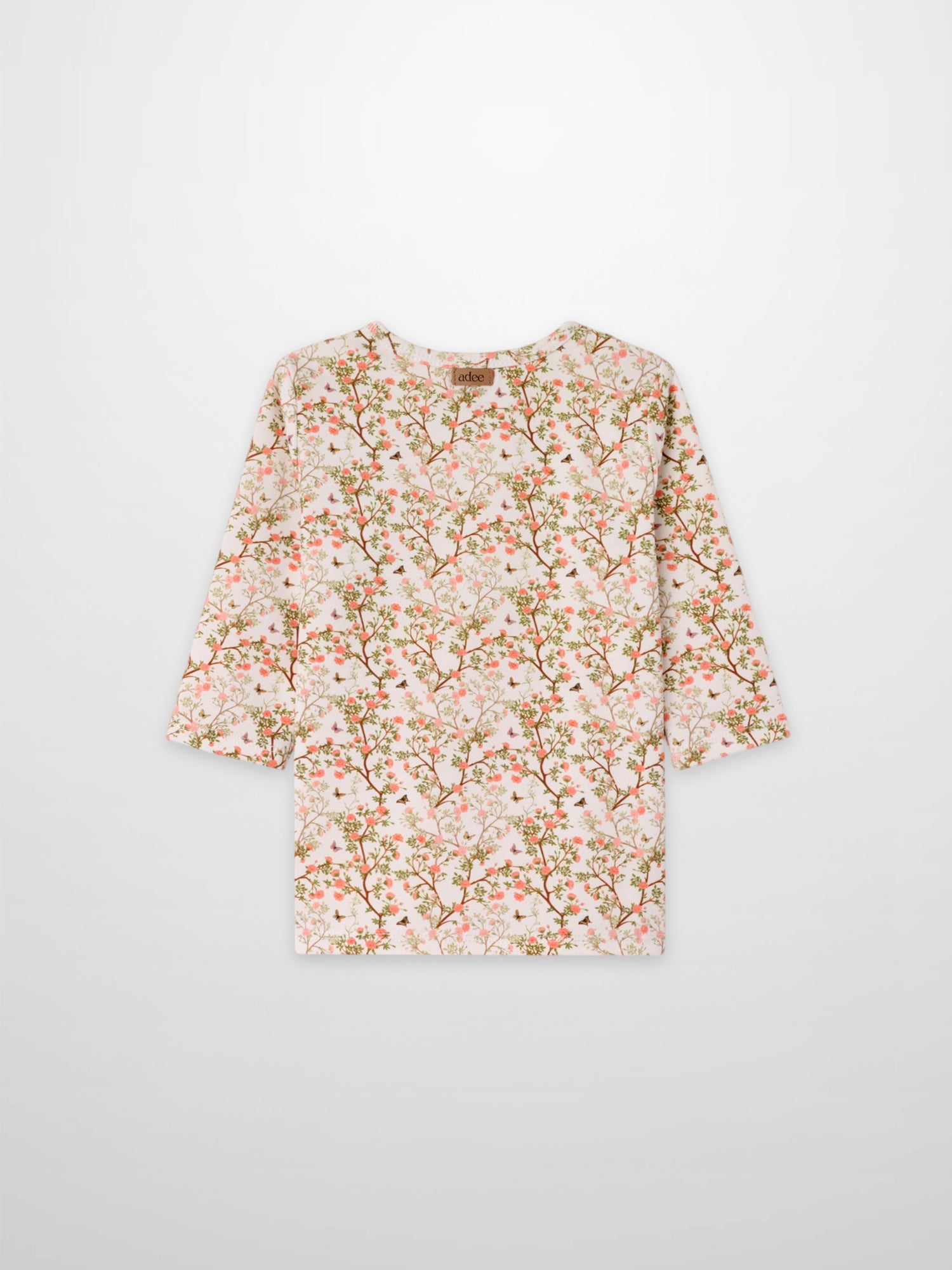 Adee Spring Floral 3/4 Sleeve Girls T-shirt, cream base with pink floral print.