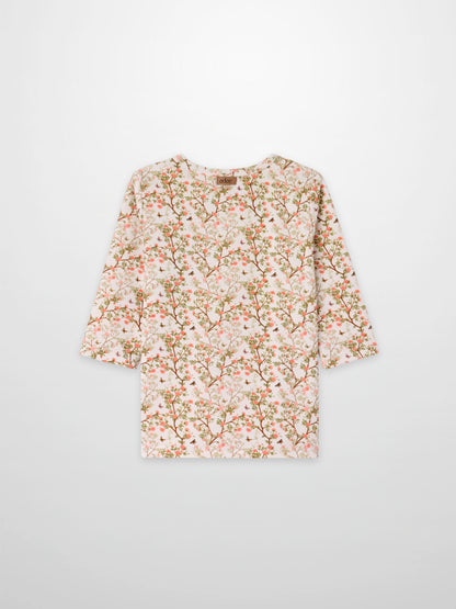 Adee Spring Floral 3/4 Sleeve Girls T-shirt, cream base with pink floral print.