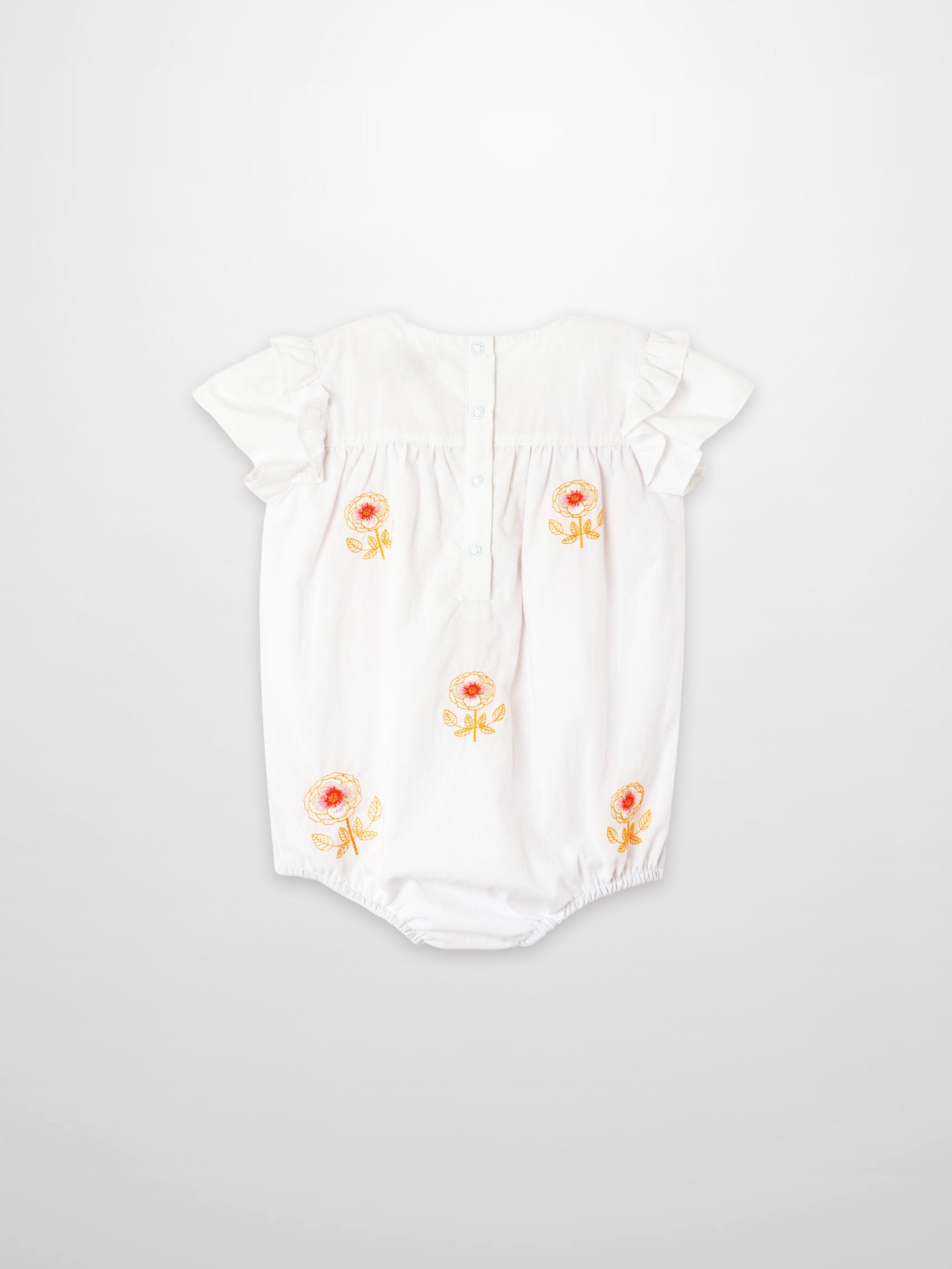 Embroidered Flower Romper for girls, white fabric with orange floral embroidery, flutter sleeves and back placket.
