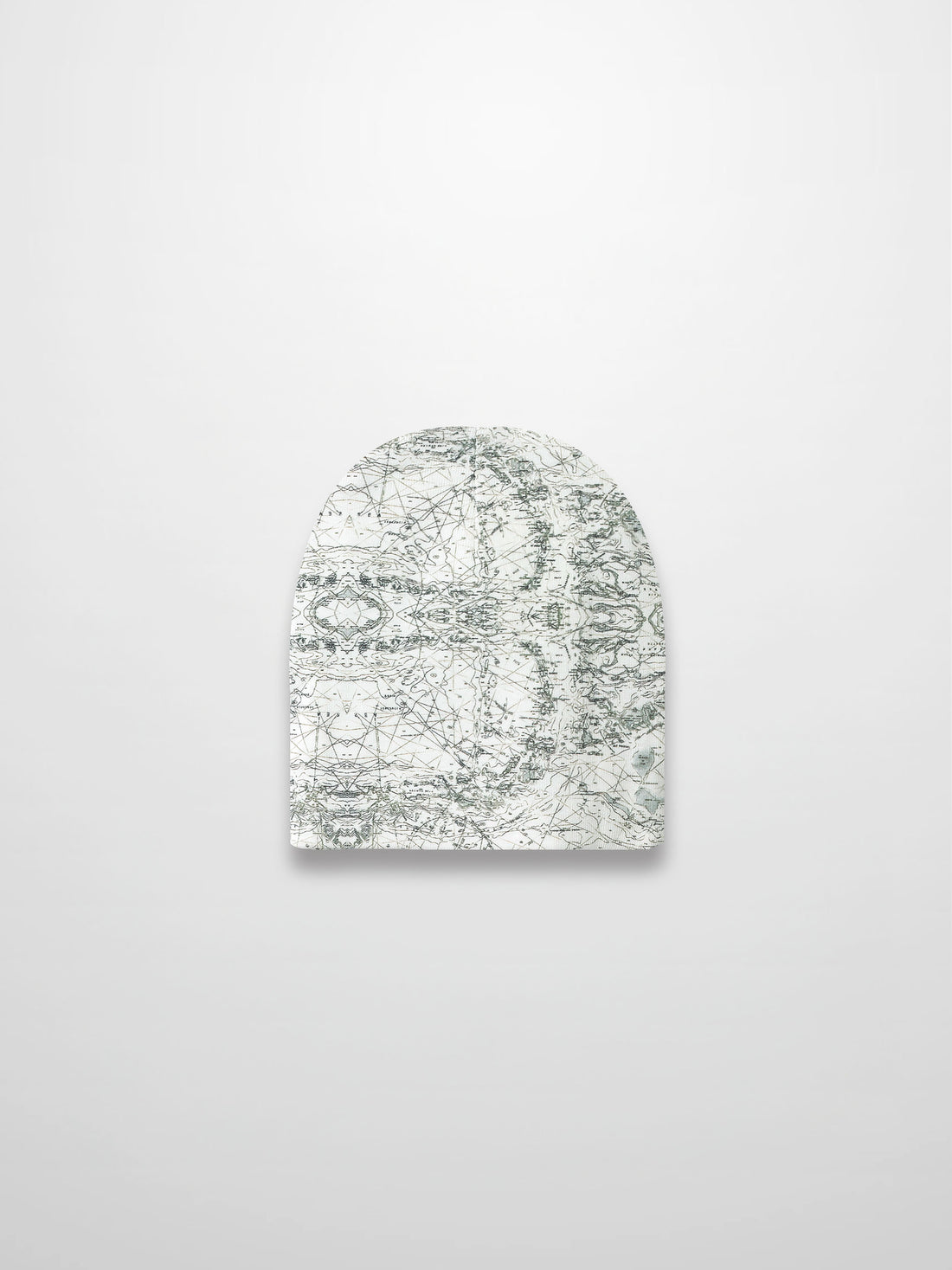 Map Beanie for baby boys with off-white fabric, map print, compass markers, and decorative stitching.