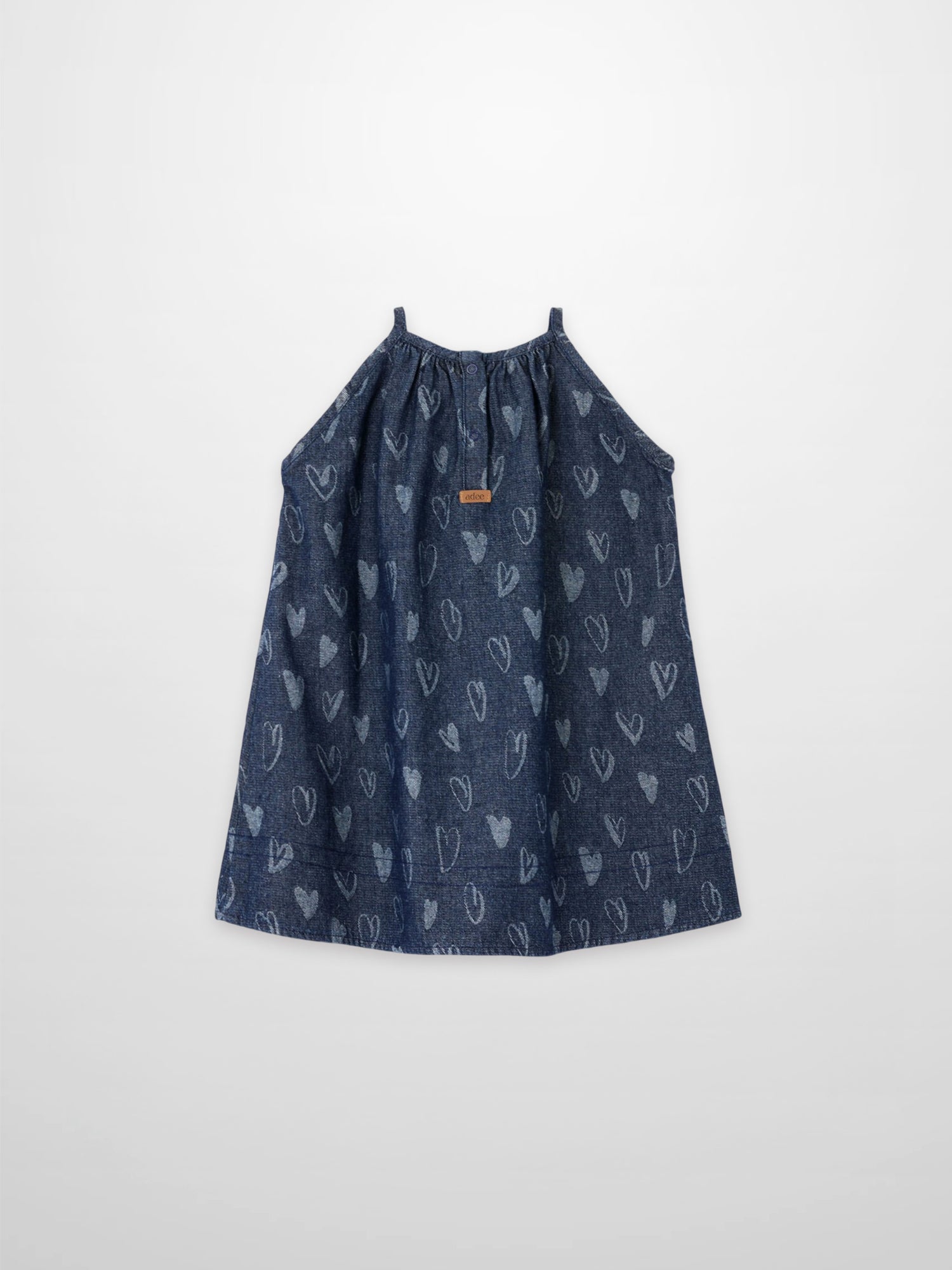 Denim Heart Jumper dress for girls in blue denim with heart print, Adee