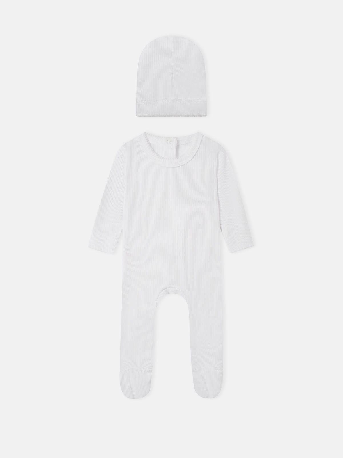 Legacy Stitch White layette set by Adee; 2-piece unisex white ribbed knit hat and footed romper.