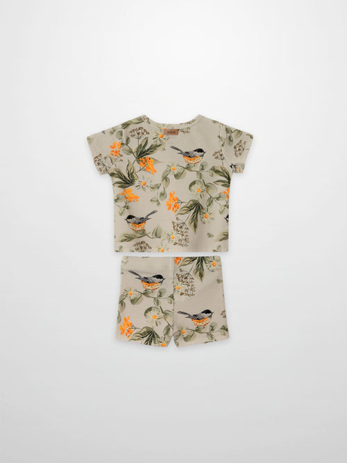 Garden Finch Shorts Set, 2-piece beige floral bird print for little girls by Adee