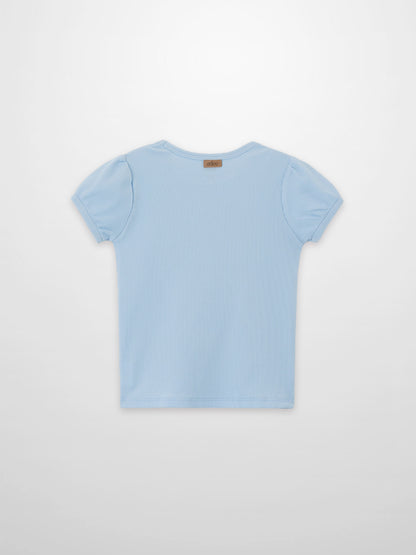 Short Puff Sleeve T-shirt, light blue ribbed knit for girls by Adee