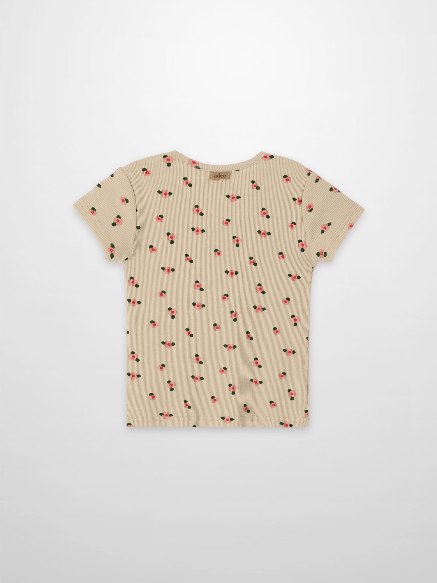 Tan floral short-sleeve T-shirt for girls by Adee with pink flowers and green leaves