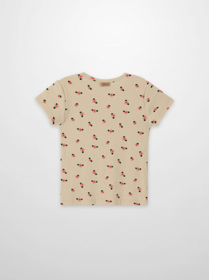 Tan floral short-sleeve T-shirt for girls by Adee with pink flowers and green leaves