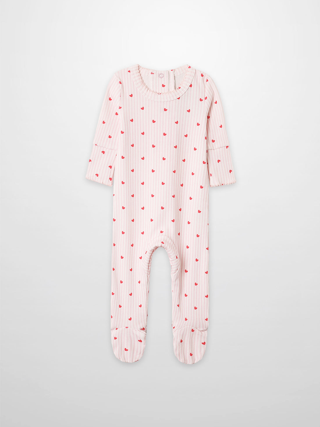 Pink Heart Stretchy with Lace, girls stretchies one-piece in light pink and white stripes with red hearts, Adee.