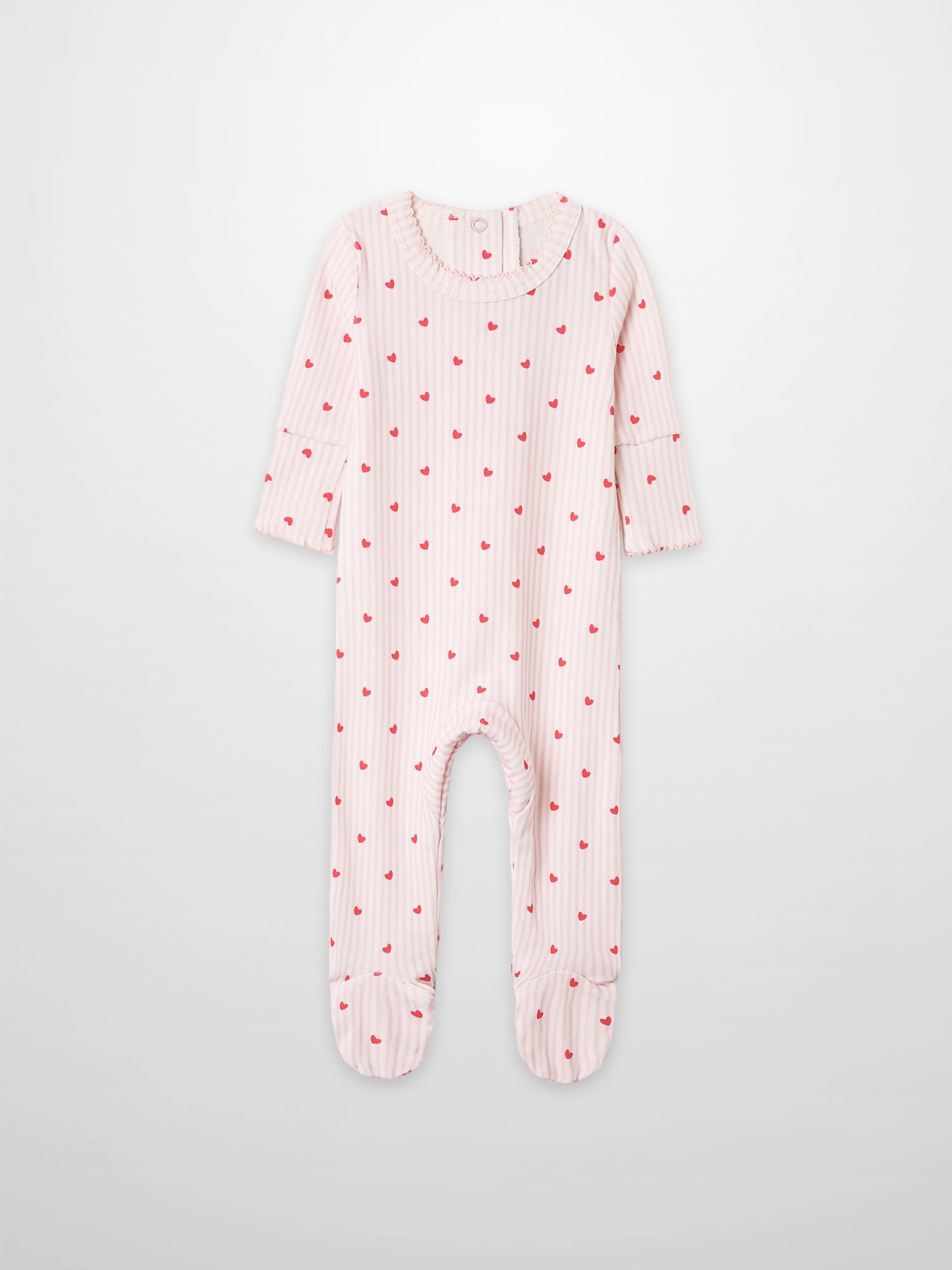 Pink Heart Stretchy with Lace, girls stretchies one-piece in light pink and white stripes with red hearts, Adee.