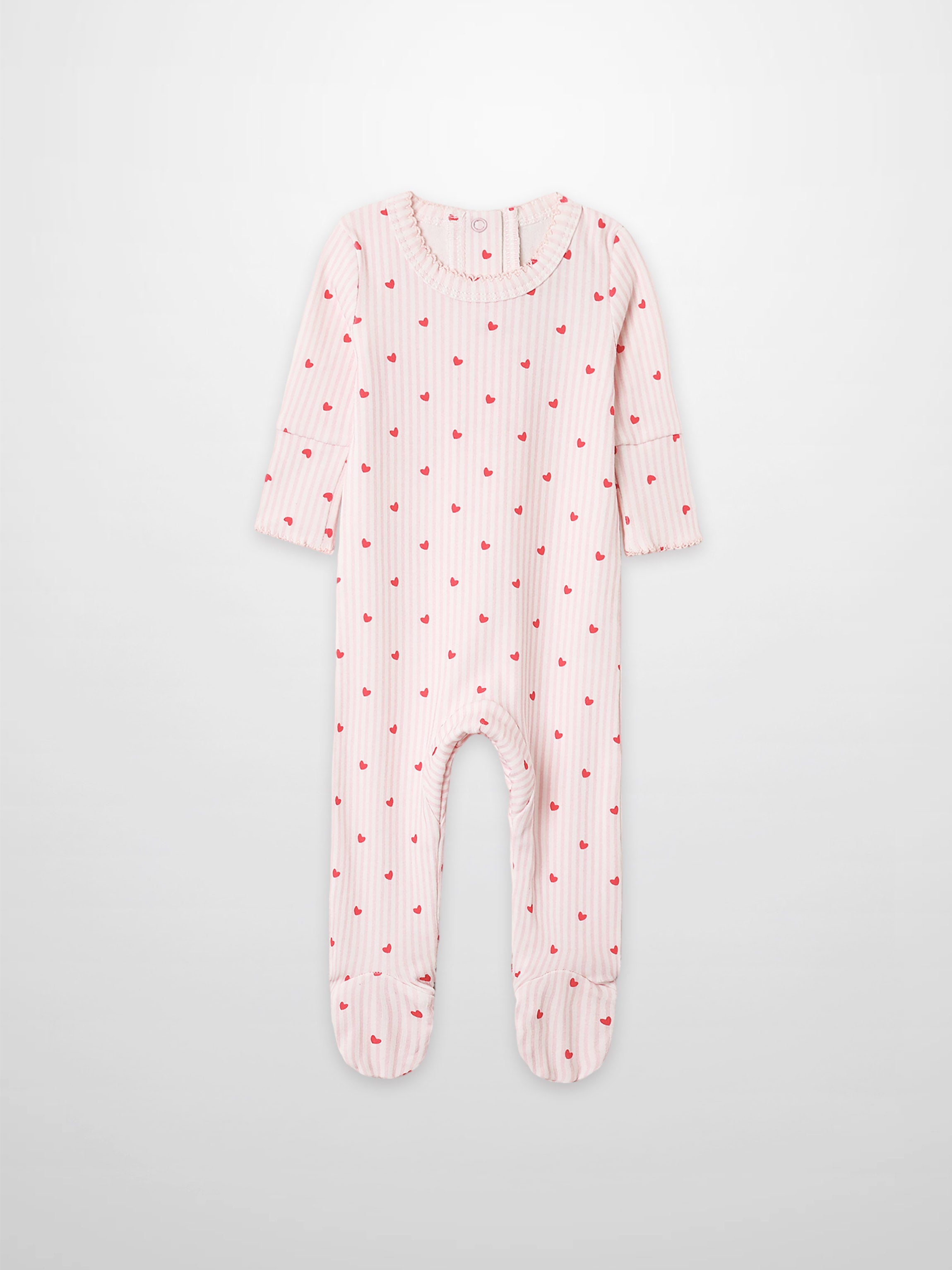 Pink Heart Stretchy with Lace, girls stretchies one-piece in light pink and white stripes with red hearts, Adee.