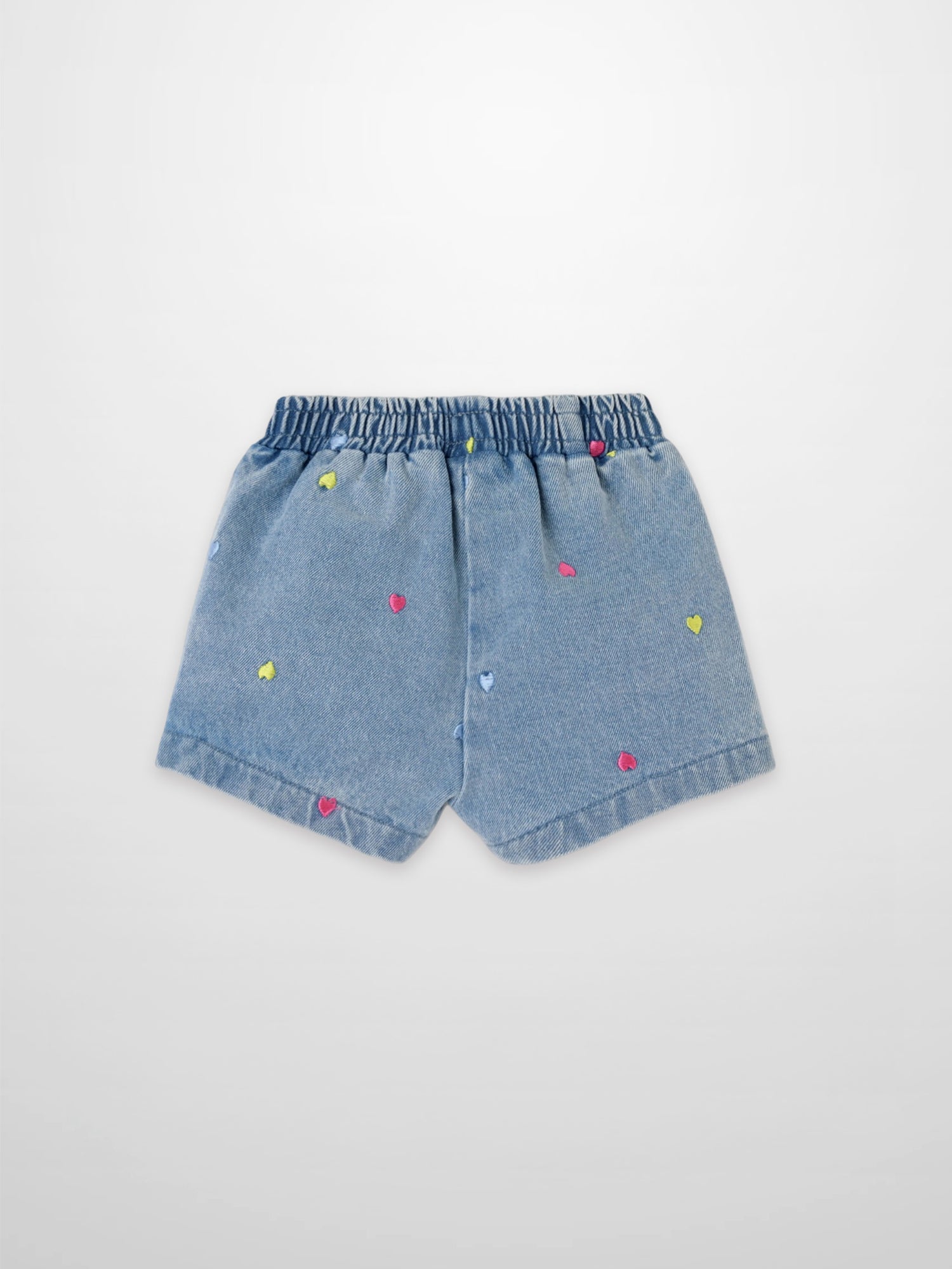Embroidered Heart Denim Shorts for Girls by Adee; blue denim with colorful heart embroidery and elastic waistband.