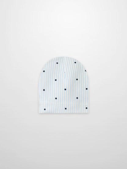 Blue Star Hat for boys by Adee, light blue and white striped with navy stars