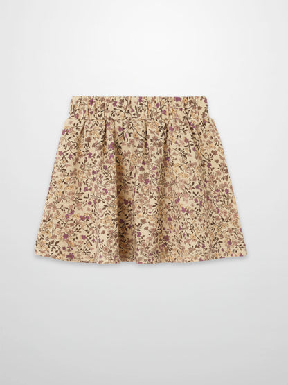 Beige floral skirt with purple flowers, elastic waistband and pleated design.