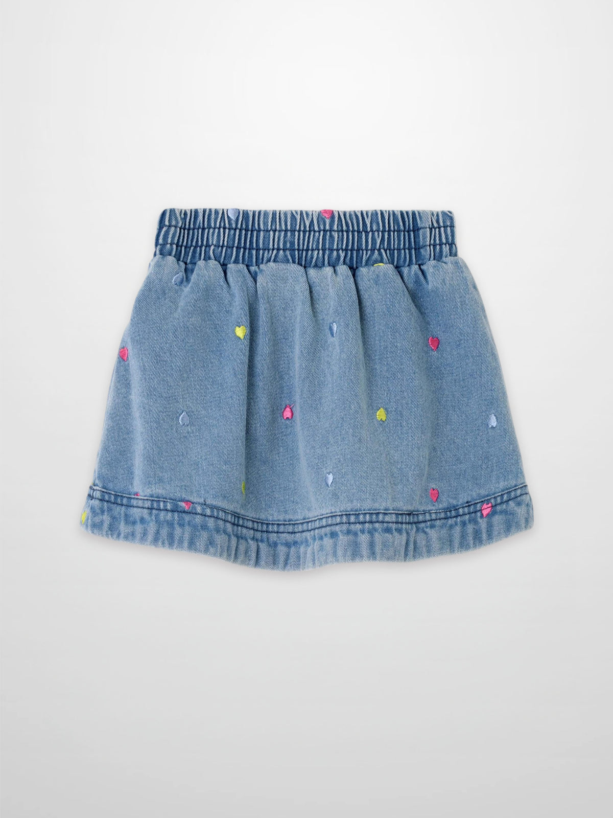 Embroidered Heart Denim Skirt for girls by Adee; blue denim with colorful heart embroidery.