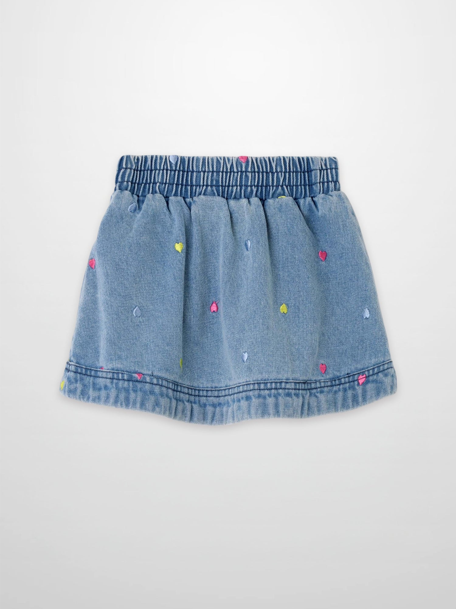 Embroidered Heart Denim Skirt for girls by Adee; blue denim with colorful heart embroidery.