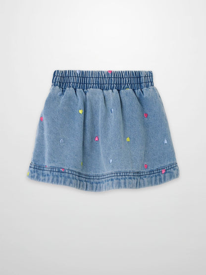 Embroidered Heart Denim Skirt for girls by Adee; blue denim with colorful heart embroidery.
